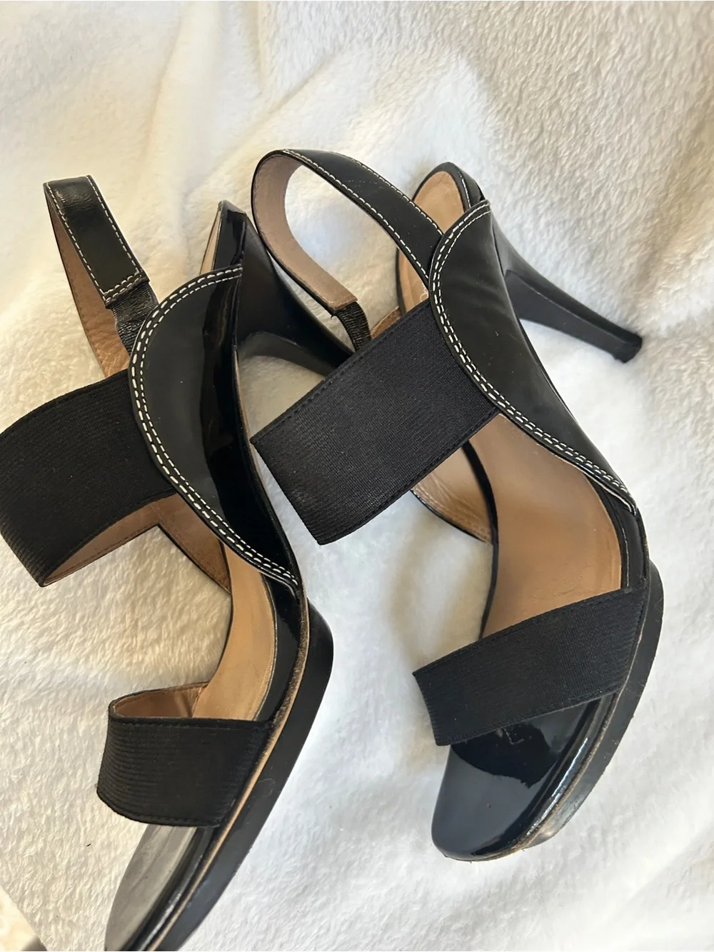 Donald J. Pliner Black Patent and Fabric Slingback Heels